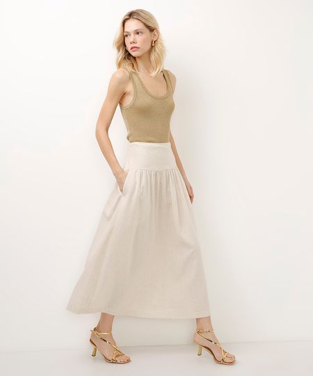 saia midi com linho bege 38 saia midi com linho bege 38