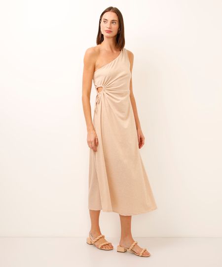vestido midi ombro único com lurex bege P