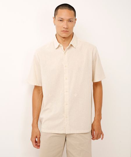 camisa relaxed com linho bordado folhagens bege M camisa relaxed com linho bordado folhagens bege M