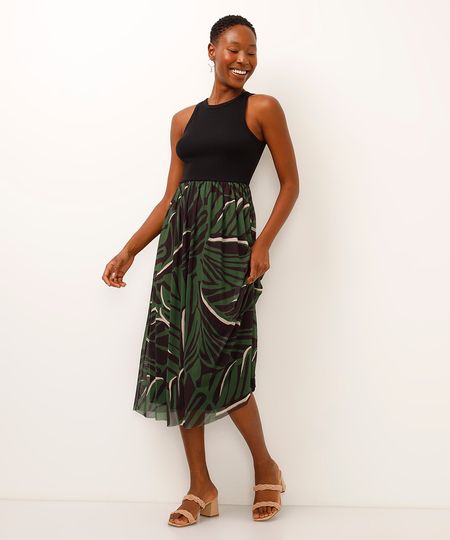 vestido midi com tule folhagem verde PP vestido midi com tule folhagem verde PP