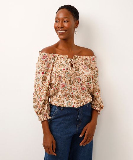 bata de viscose ombro a ombro floral bege PP bata de viscose ombro a ombro floral bege PP