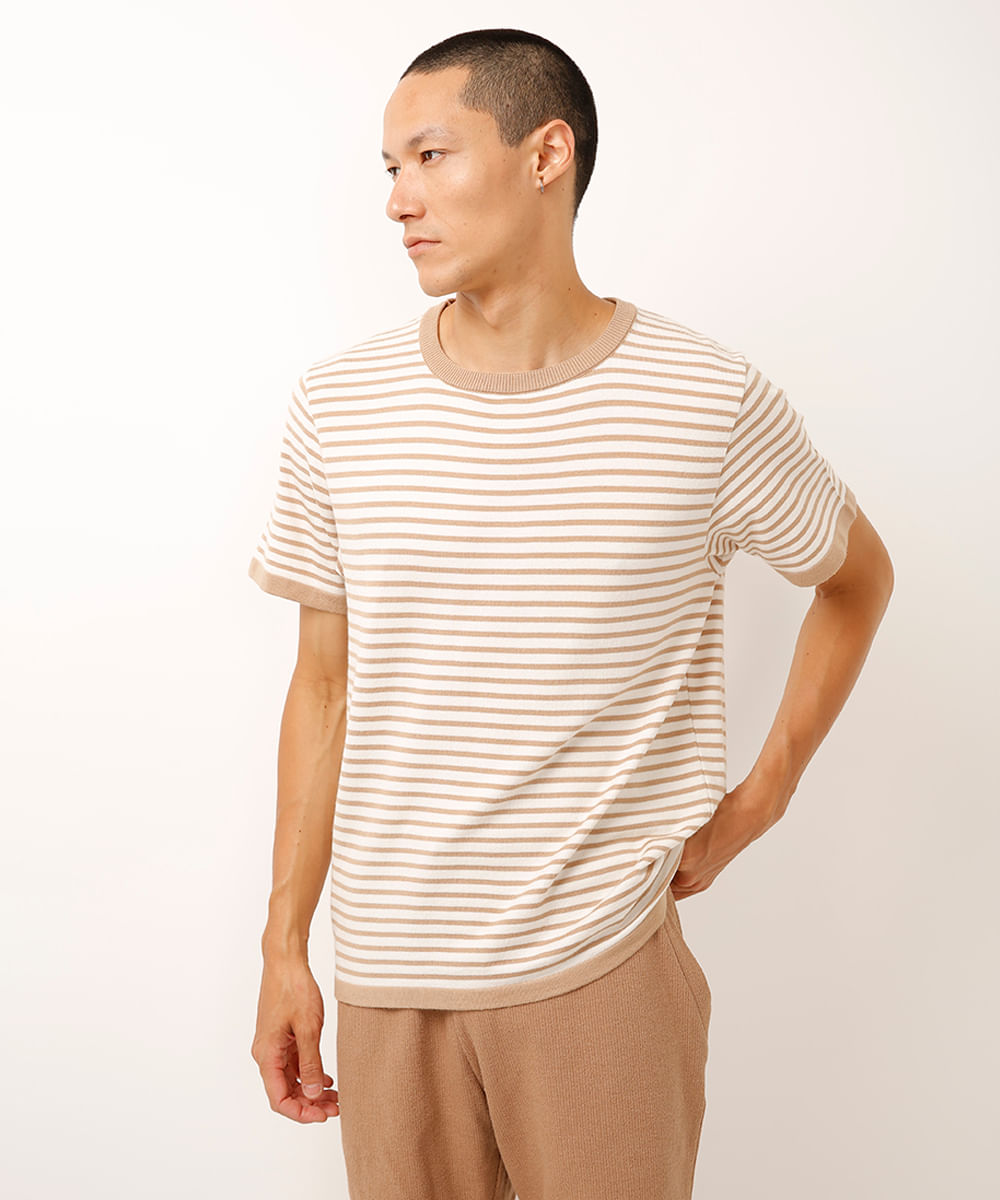 camiseta relaxed de tricot listrada bege