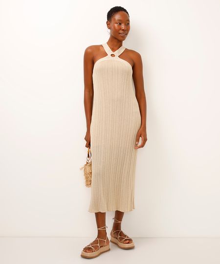 vestido halterneck de tricot com lurex dourado PP