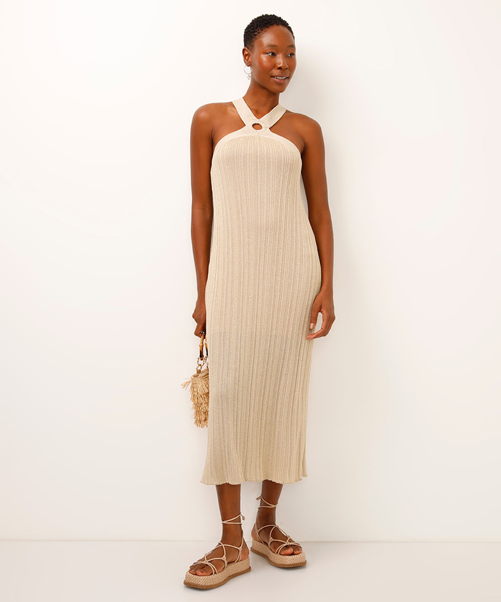 vestido halterneck de tricot com lurex dourado