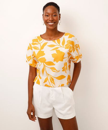 blusa com linho manga curta floral amarela PP