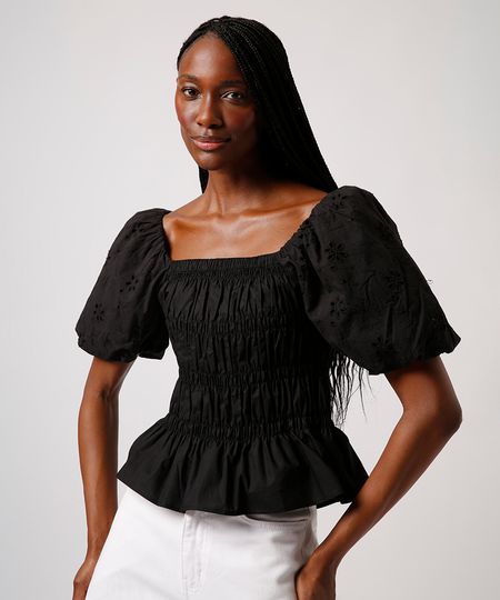 blusa franzida manga bufante mindset preta PP