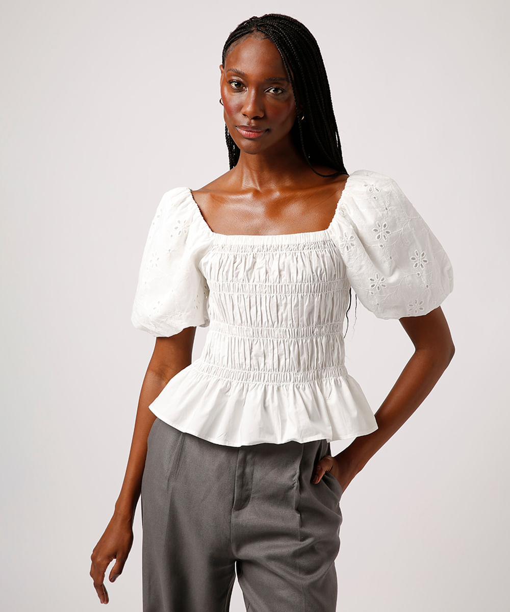 blusa franzida manga bufante mindset off white