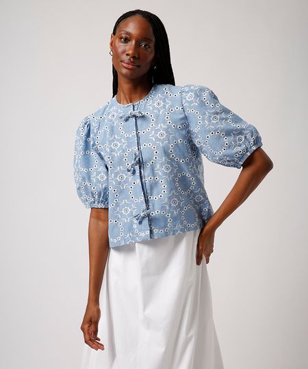 blusa de laise com laços floral mindset azul PP