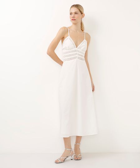 vestido midi de algodão com renda floral off white PP