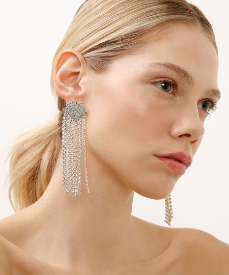 brinco de strass com franjas prateado UNICO brinco de strass com franjas prateado UNICO