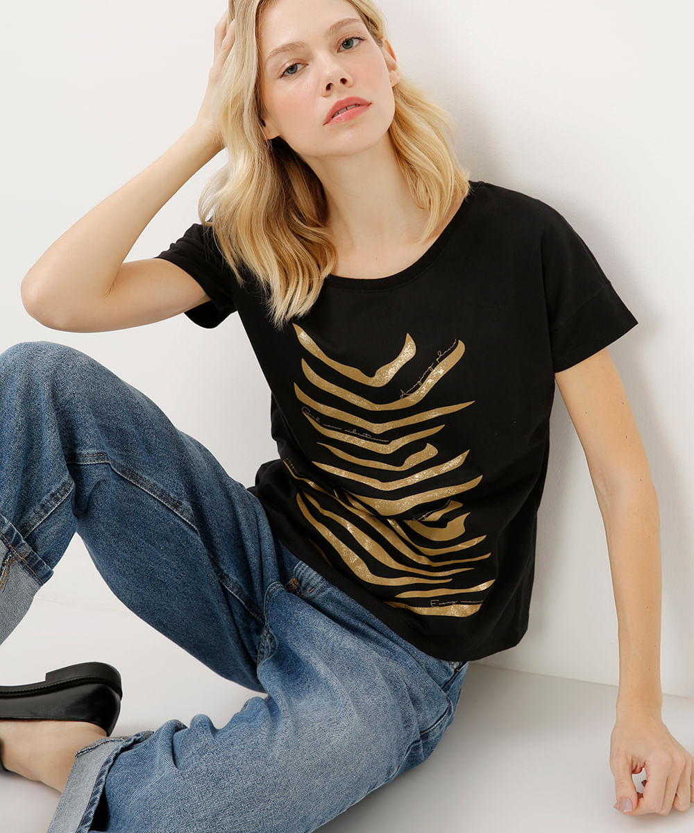 blusa de algodão abstrata preta