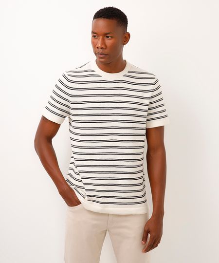 camiseta comfort de tricot manga curta listrada - off white P