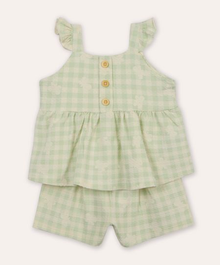 conjunto curto infantil xadrez borboleta texturizado verde 4