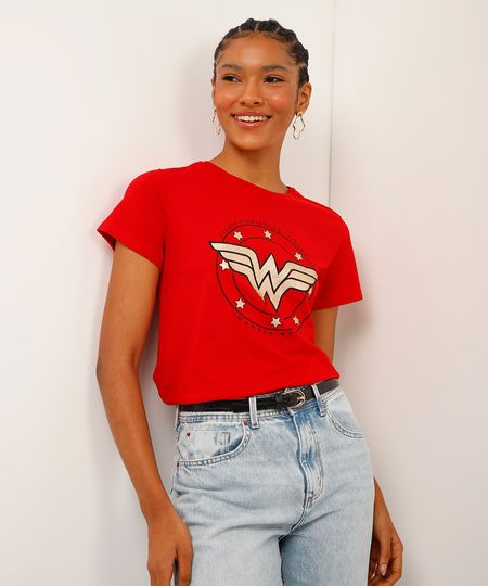 camiseta de algodão mulher maravilha vermelha PP