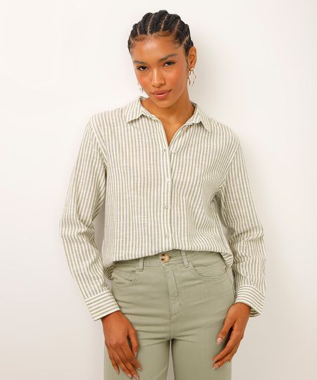 camisa de algodão listrada verde M camisa de algodão listrada verde M