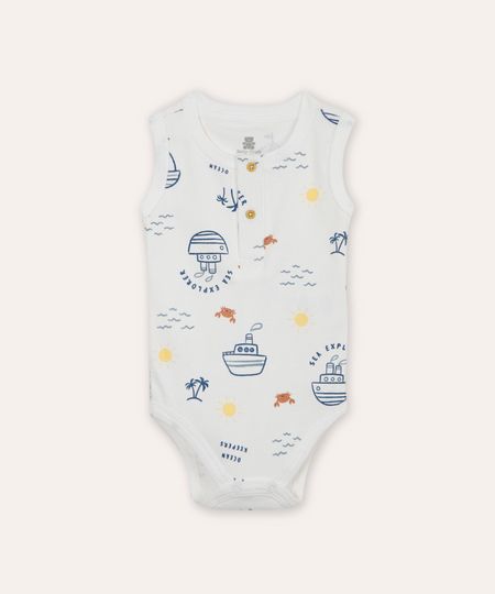 body de algodão infantil barquinhos off white 9-12