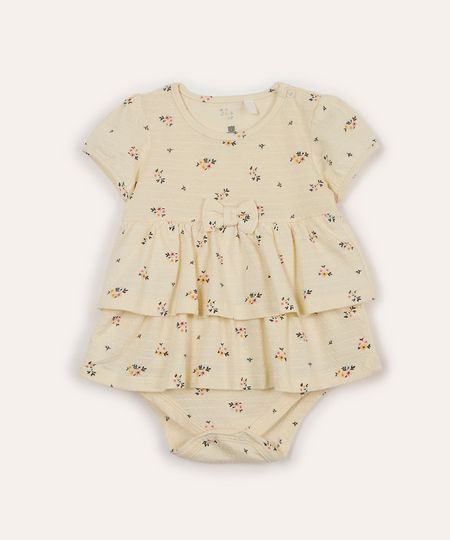 body vestido infantil manga curta laço e floral bege 12-18 body vestido infantil manga curta laço e floral bege 12-18