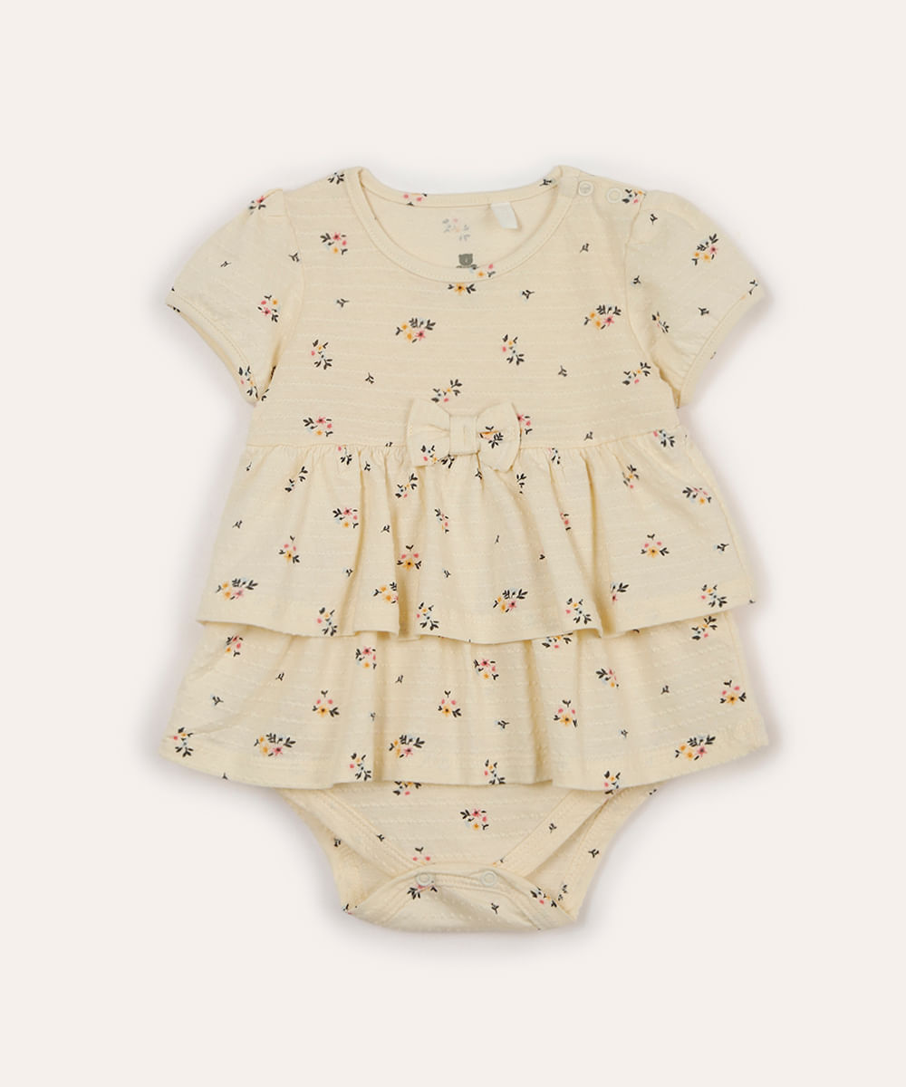 body vestido infantil manga curta laço e floral bege
