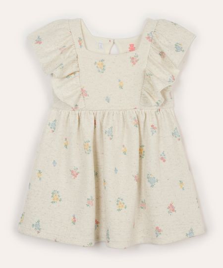vestido infantil com linho floral bege 9-12