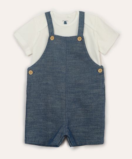 jardineira infantil curta jeans e camiseta azul 12-18
