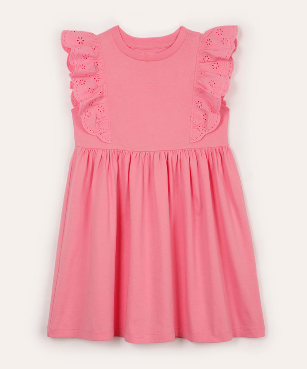 vestido curto infantil com laise floral rosa