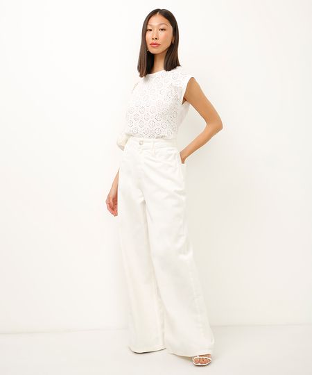 calça wide leg de sarja off white 36
