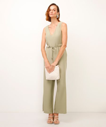 macacão de viscose com cinto texturizado verde M