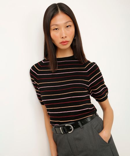 blusa de tricot texturizada listrada preta PP