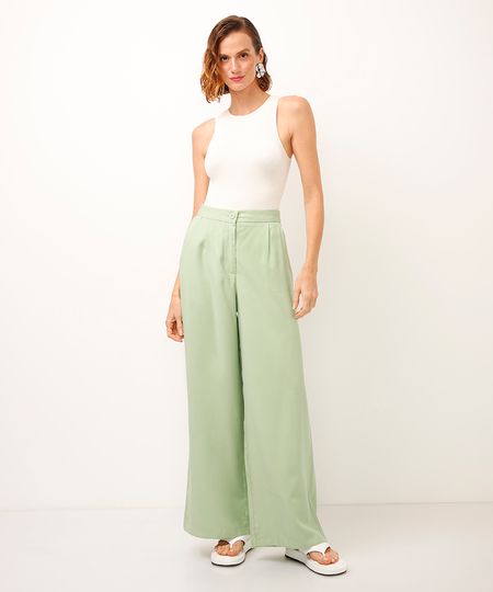 calça wide leg de viscose cintura alta com elástico - verde claro 46 calça wide leg de viscose cintura alta com elástico - verde claro 46