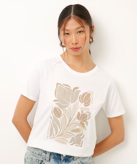 camiseta de algodão floral metalizada off white PP