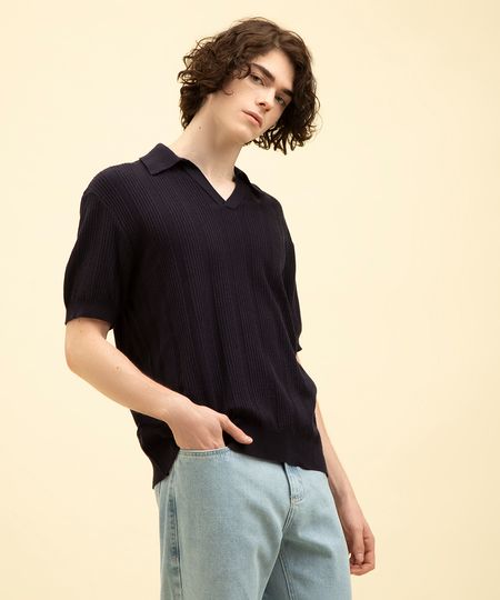 polo de tricot manga curta canelada azul G