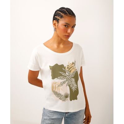 camiseta de algodão folhagens metalizada off white