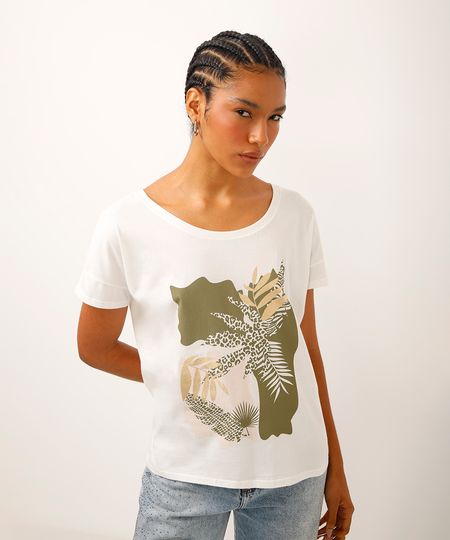 camiseta de algodão folhagens metalizada off white PP camiseta de algodão folhagens metalizada off white PP