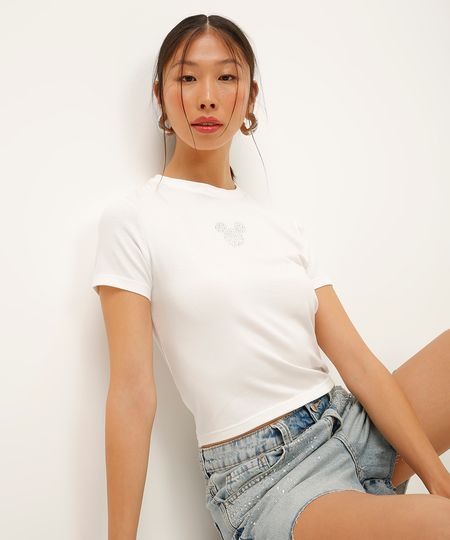 camiseta de algodão mickey com brilhos off white M