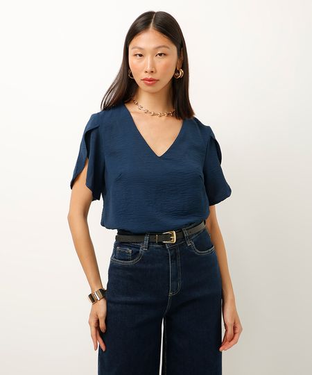 blusa texturizada manga curta azul P