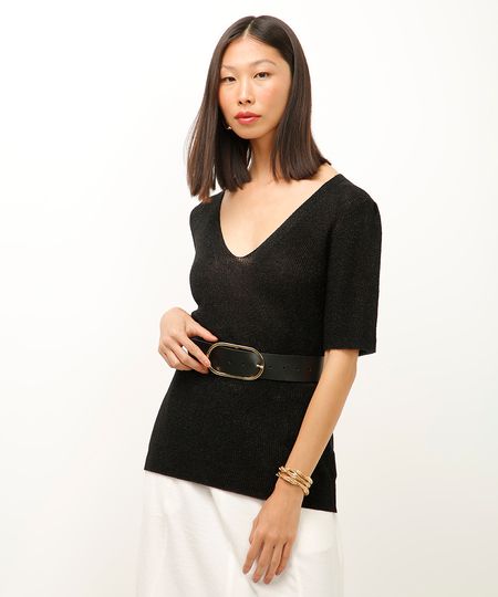 blusa de tricot decote v com brilho preta PP