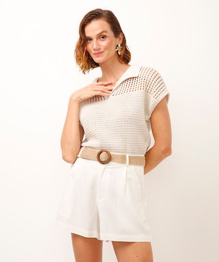 short com linho cintura alta e cinto off white 38