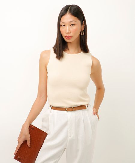 regata de tricot decote redondo bege PP regata de tricot decote redondo bege PP