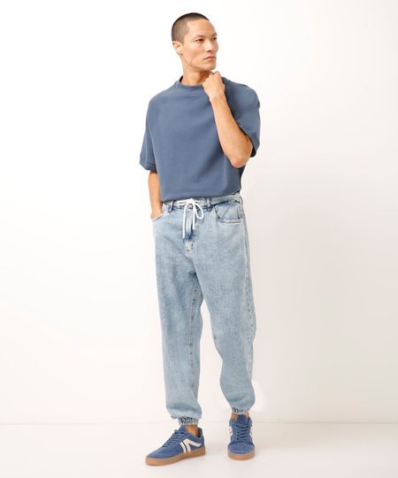 calça jeans jogger com cordão azul 36