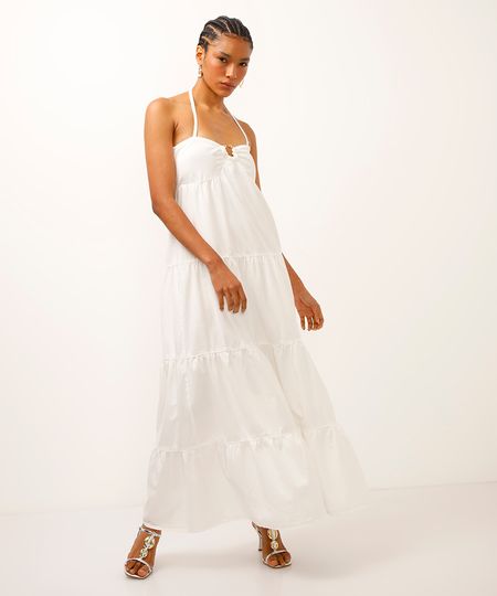 vestido longo de sarja com recortes off white P