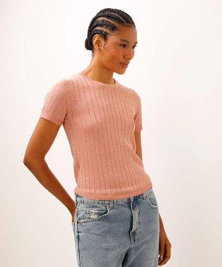 blusa de tricot canelada com lurex rosa P