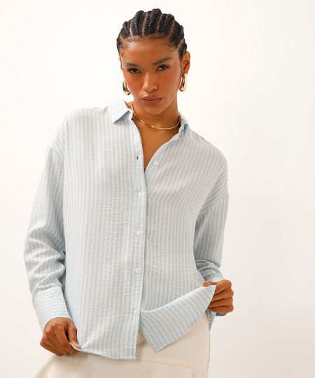 camisa com linho manga longa listrada azul PP camisa com linho manga longa listrada azul PP