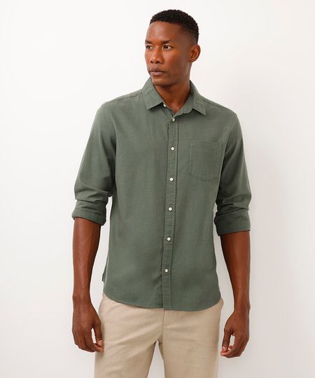 camisa comfort com linho manga longa verde M camisa comfort com linho manga longa verde M