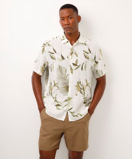 camisa comfort com linho folhagens bege M
