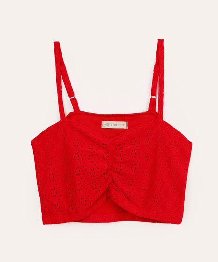 cropped juvenil de laise com franzido alça fina vermelho 12