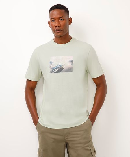 camiseta de algodão manga curta estampada verde M camiseta de algodão manga curta estampada verde M