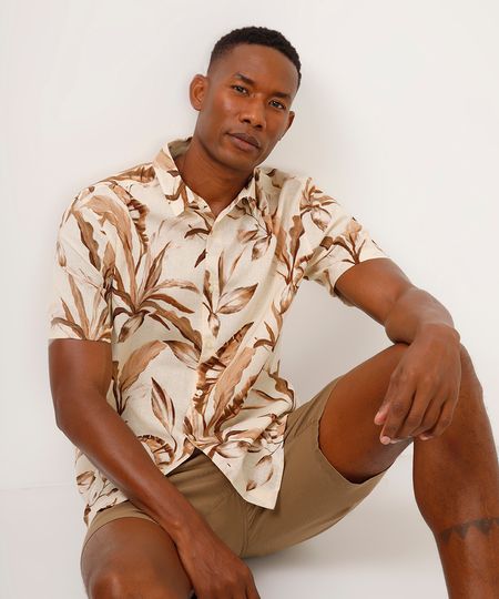 camisa comfort com linho folhagens bege G