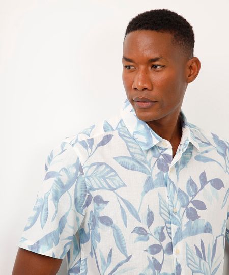 camisa comfort com linho folhagens off white P camisa comfort com linho folhagens off white P