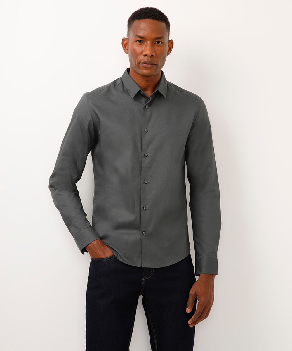 camisa slim de algodão manga longa texturizada verde