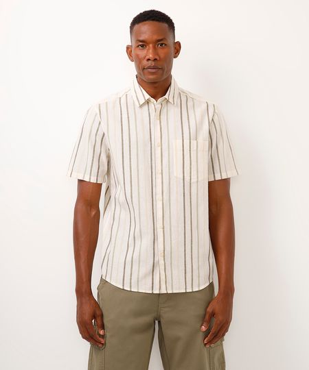 camisa comfort com linho listrada verde P camisa comfort com linho listrada verde P